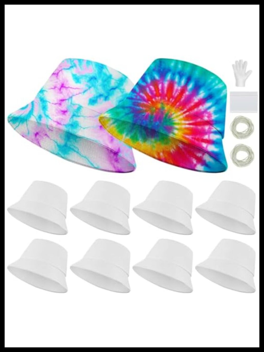 10pk White Cotton Bucket Hats for Tie Dye, DIY Sun Hat with Rubber Bands &